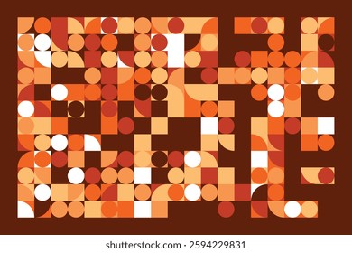 A modern geometric artwork with circles, squares, and curved shapes in warm orange, beige, and brown hues. The structured yet dynamic composition creates a sense of movement and balance.