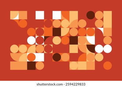 A modern geometric artwork with circles, squares, and curved shapes in warm orange, beige, and brown hues. The structured yet dynamic composition creates a sense of movement and balance.