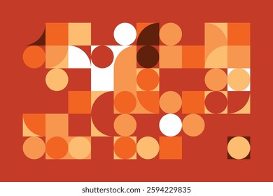 A modern geometric artwork with circles, squares, and curved shapes in warm orange, beige, and brown hues. The structured yet dynamic composition creates a sense of movement and balance.