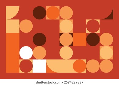 A modern geometric artwork with circles, squares, and curved shapes in warm orange, beige, and brown hues. The structured yet dynamic composition creates a sense of movement and balance.