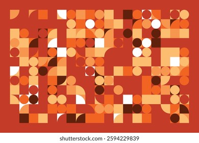 A modern geometric artwork with circles, squares, and curved shapes in warm orange, beige, and brown hues. The structured yet dynamic composition creates a sense of movement and balance.