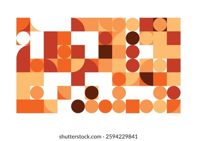 A modern geometric artwork with circles, squares, and curved shapes in warm orange, beige, and brown hues. The structured yet dynamic composition creates a sense of movement and balance.