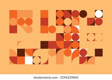 A modern geometric artwork with circles, squares, and curved shapes in warm orange, beige, and brown hues. The structured yet dynamic composition creates a sense of movement and balance.