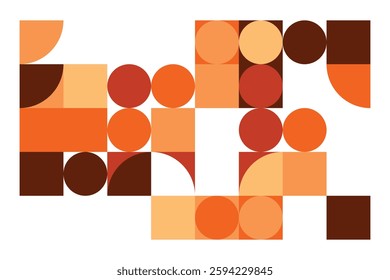 A modern geometric artwork with circles, squares, and curved shapes in warm orange, beige, and brown hues. The structured yet dynamic composition creates a sense of movement and balance.