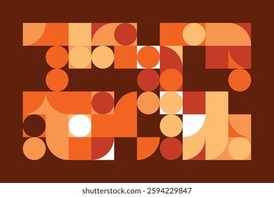 A modern geometric artwork with circles, squares, and curved shapes in warm orange, beige, and brown hues. The structured yet dynamic composition creates a sense of movement and balance.