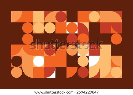 A modern geometric artwork with circles, squares, and curved shapes in warm orange, beige, and brown hues. The structured yet dynamic composition creates a sense of movement and balance.