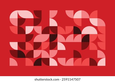 A modern geometric artwork featuring red and pink semicircles in a structured grid. The abstract pattern blends symmetry and fluidity, creating a bold, elegant, and contemporary visual composition.