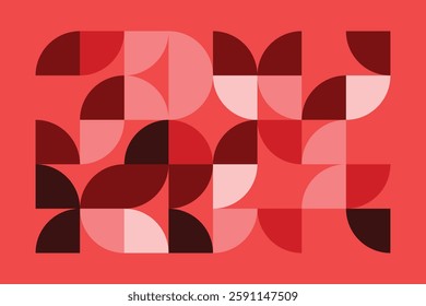 A modern geometric artwork featuring red and pink semicircles in a structured grid. The abstract pattern blends symmetry and fluidity, creating a bold, elegant, and contemporary visual composition.