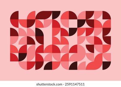 A modern geometric artwork featuring red and pink semicircles in a structured grid. The abstract pattern blends symmetry and fluidity, creating a bold, elegant, and contemporary visual composition.