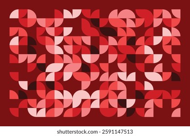 A modern geometric artwork featuring red and pink semicircles in a structured grid. The abstract pattern blends symmetry and fluidity, creating a bold, elegant, and contemporary visual composition.