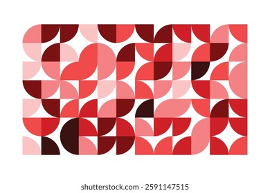 A modern geometric artwork featuring red and pink semicircles in a structured grid. The abstract pattern blends symmetry and fluidity, creating a bold, elegant, and contemporary visual composition.