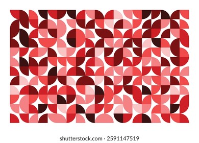 A modern geometric artwork featuring red and pink semicircles in a structured grid. The abstract pattern blends symmetry and fluidity, creating a bold, elegant, and contemporary visual composition.