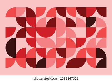 A modern geometric artwork featuring red and pink semicircles in a structured grid. The abstract pattern blends symmetry and fluidity, creating a bold, elegant, and contemporary visual composition.