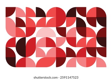 A modern geometric artwork featuring red and pink semicircles in a structured grid. The abstract pattern blends symmetry and fluidity, creating a bold, elegant, and contemporary visual composition.