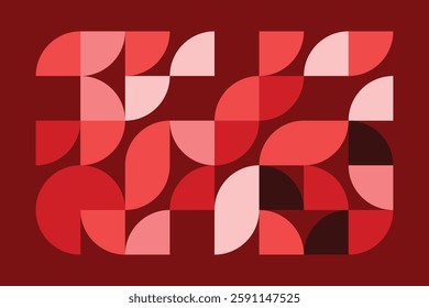 A modern geometric artwork featuring red and pink semicircles in a structured grid. The abstract pattern blends symmetry and fluidity, creating a bold, elegant, and contemporary visual composition.