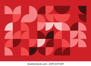 A modern geometric artwork featuring red and pink semicircles in a structured grid. The abstract pattern blends symmetry and fluidity, creating a bold, elegant, and contemporary visual composition.