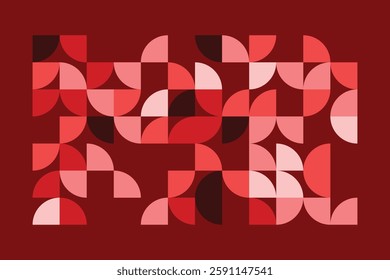 A modern geometric artwork featuring red and pink semicircles in a structured grid. The abstract pattern blends symmetry and fluidity, creating a bold, elegant, and contemporary visual composition.