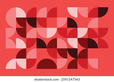 A modern geometric artwork featuring red and pink semicircles in a structured grid. The abstract pattern blends symmetry and fluidity, creating a bold, elegant, and contemporary visual composition.