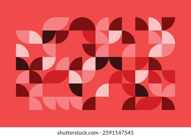 A modern geometric artwork featuring red and pink semicircles in a structured grid. The abstract pattern blends symmetry and fluidity, creating a bold, elegant, and contemporary visual composition.