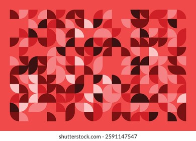 A modern geometric artwork featuring red and pink semicircles in a structured grid. The abstract pattern blends symmetry and fluidity, creating a bold, elegant, and contemporary visual composition.