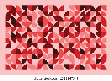 A modern geometric artwork featuring red and pink semicircles in a structured grid. The abstract pattern blends symmetry and fluidity, creating a bold, elegant, and contemporary visual composition.