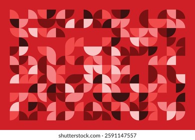 A modern geometric artwork featuring red and pink semicircles in a structured grid. The abstract pattern blends symmetry and fluidity, creating a bold, elegant, and contemporary visual composition.