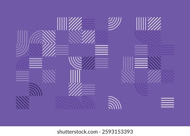 A modern geometric artwork featuring striped patterns in purple tones. The composition includes squares and quarter-circle arcs, creating a structured yet dynamic abstract visual with high contrast.