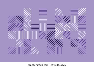 A modern geometric artwork featuring striped patterns in purple tones. The composition includes squares and quarter-circle arcs, creating a structured yet dynamic abstract visual with high contrast.