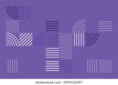 A modern geometric artwork featuring striped patterns in purple tones. The composition includes squares and quarter-circle arcs, creating a structured yet dynamic abstract visual with high contrast.