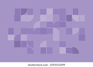 A modern geometric artwork featuring striped patterns in purple tones. The composition includes squares and quarter-circle arcs, creating a structured yet dynamic abstract visual with high contrast.