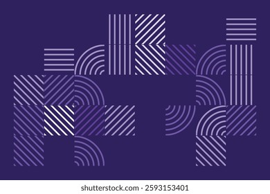 A modern geometric artwork featuring striped patterns in purple tones. The composition includes squares and quarter-circle arcs, creating a structured yet dynamic abstract visual with high contrast.