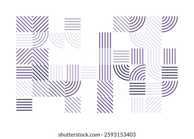 A modern geometric artwork featuring striped patterns in purple tones. The composition includes squares and quarter-circle arcs, creating a structured yet dynamic abstract visual with high contrast.