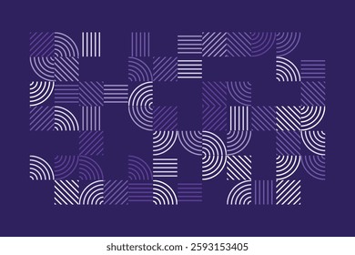 A modern geometric artwork featuring striped patterns in purple tones. The composition includes squares and quarter-circle arcs, creating a structured yet dynamic abstract visual with high contrast.