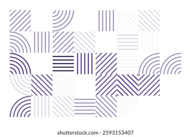 A modern geometric artwork featuring striped patterns in purple tones. The composition includes squares and quarter-circle arcs, creating a structured yet dynamic abstract visual with high contrast.