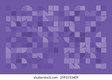 A modern geometric artwork featuring striped patterns in purple tones. The composition includes squares and quarter-circle arcs, creating a structured yet dynamic abstract visual with high contrast.