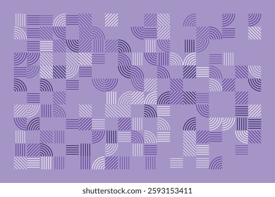 A modern geometric artwork featuring striped patterns in purple tones. The composition includes squares and quarter-circle arcs, creating a structured yet dynamic abstract visual with high contrast.