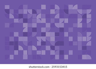 A modern geometric artwork featuring striped patterns in purple tones. The composition includes squares and quarter-circle arcs, creating a structured yet dynamic abstract visual with high contrast.