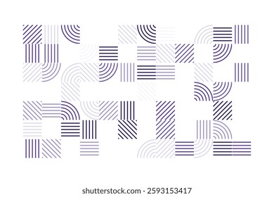 A modern geometric artwork featuring striped patterns in purple tones. The composition includes squares and quarter-circle arcs, creating a structured yet dynamic abstract visual with high contrast.