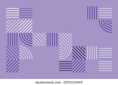 A modern geometric artwork featuring striped patterns in purple tones. The composition includes squares and quarter-circle arcs, creating a structured yet dynamic abstract visual with high contrast.