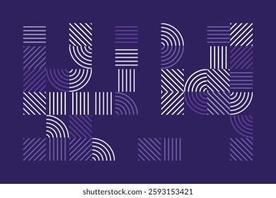 A modern geometric artwork featuring striped patterns in purple tones. The composition includes squares and quarter-circle arcs, creating a structured yet dynamic abstract visual with high contrast.