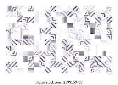 A modern geometric artwork featuring striped patterns in purple tones. The composition includes squares and quarter-circle arcs, creating a structured yet dynamic abstract visual with high contrast.