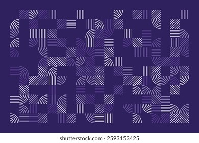 A modern geometric artwork featuring striped patterns in purple tones. The composition includes squares and quarter-circle arcs, creating a structured yet dynamic abstract visual with high contrast.