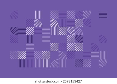 A modern geometric artwork featuring striped patterns in purple tones. The composition includes squares and quarter-circle arcs, creating a structured yet dynamic abstract visual with high contrast.