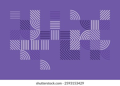 A modern geometric artwork featuring striped patterns in purple tones. The composition includes squares and quarter-circle arcs, creating a structured yet dynamic abstract visual with high contrast.