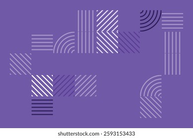 A modern geometric artwork featuring striped patterns in purple tones. The composition includes squares and quarter-circle arcs, creating a structured yet dynamic abstract visual with high contrast.