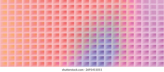 Plano de fundo geométrico moderno com uma grade 3D de quadrados biselados. Um gradiente vibrante de laranja, rosa e roxo cria um padrão de mosaico limpo e inspirado na tecnologia.