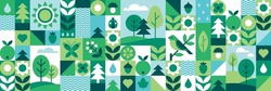 Modern Geometric Background. Abstract Nature: Forest, Trees, Leaves, Flowers, Birds, Butterflies, Fruits And Berries. Set Of Icons In Flat Minimalist Style. Seamless Pattern. Vector Illustration. 