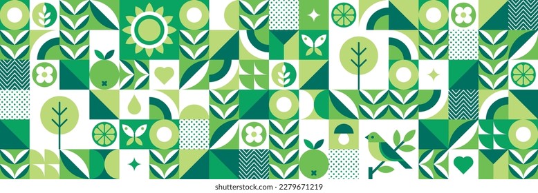 Modern geometric background. Abstract nature: Trees, leaves, flowers, fruits, birds and butterflies. Set of icons in flat minimalist style. Bauhaus. Seamless pattern. Vector botanical illustration. 