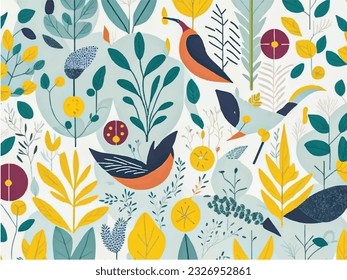 Fondo geométrico moderno. Resumen de la naturaleza, árboles, hojas, flores, frutas, pájaros.