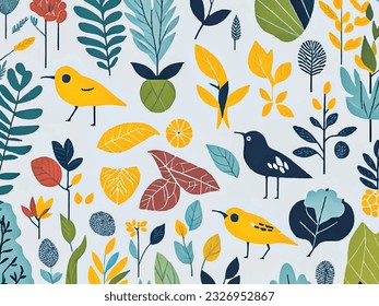 Modern geometric background. Abstract nature, Trees, leaves, flowers, fruits, birds .
